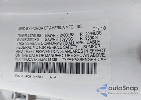 2018 Honda Accord Ex-L 2.0T z USA, uszkodzony, nr VIN 1HGCV2F56JA014138